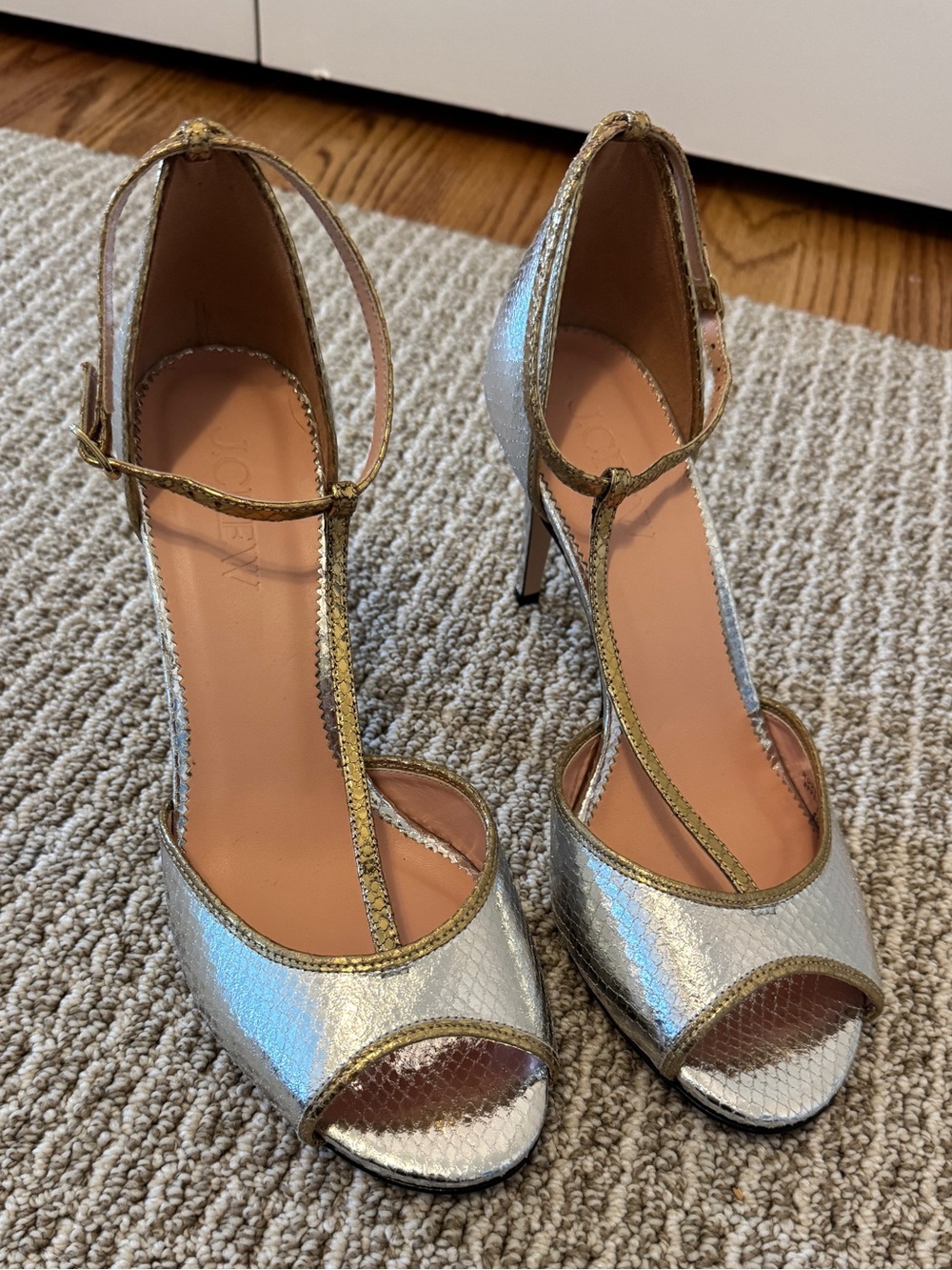 J. Crew Silver Metallic T-Strap Peep Toe Heels with Gold Trim